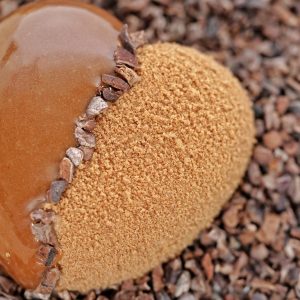 Entremets chocolat au lait et fruits de la passion sur lit de grué
